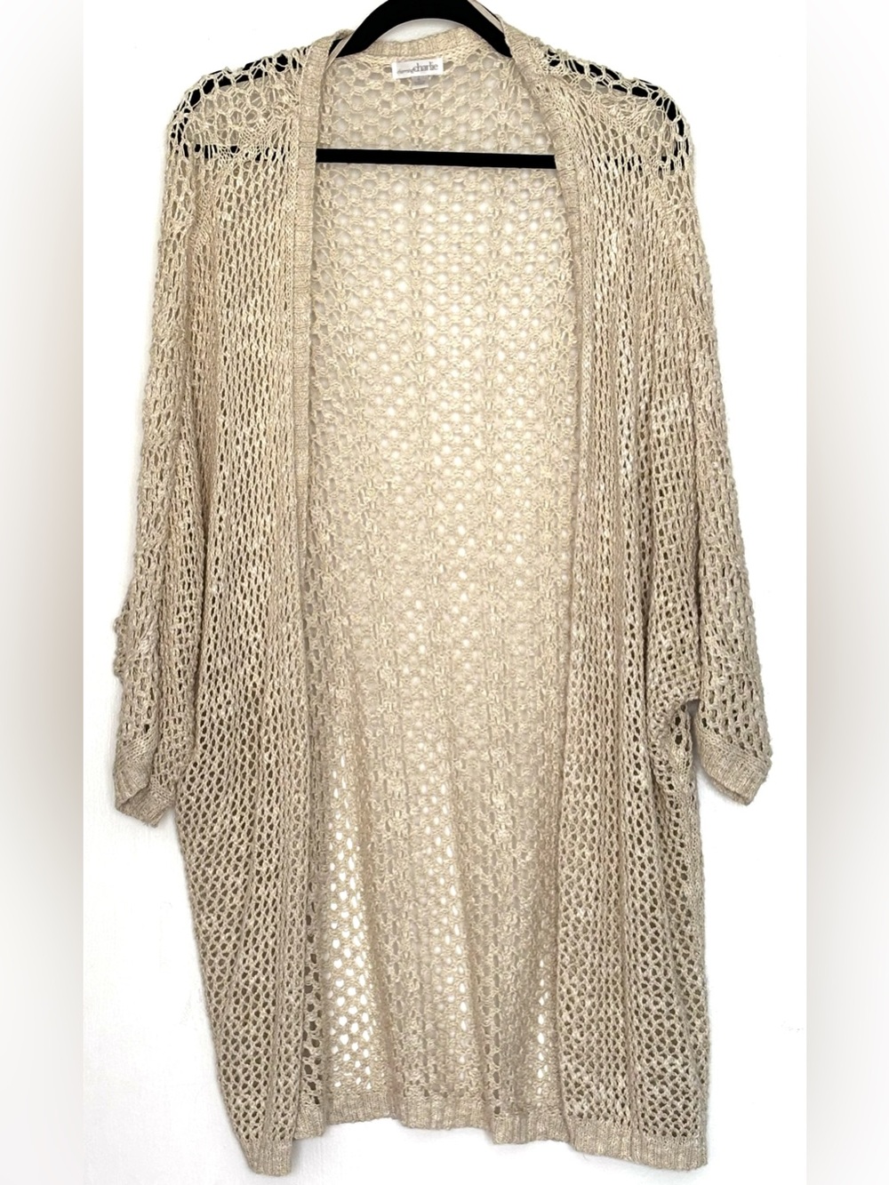 Charming Charlie Open Knit Crochet Cardigan Beige Size L